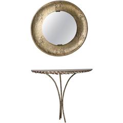 1950s Brass Console with Round Mirror