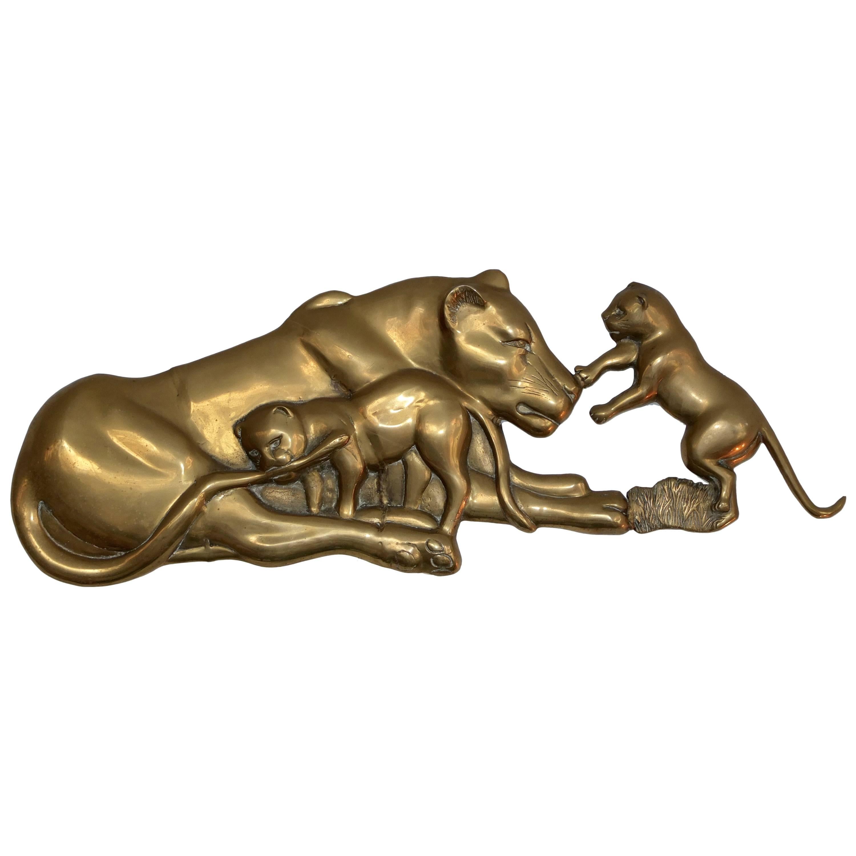 Cast Brass Relief of Lioness with Two Cubs Wall Mounted Sculpture
