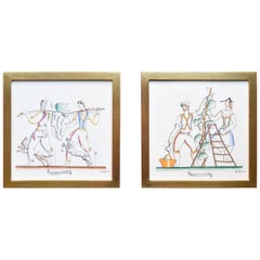 Rare Pair of Signed Gio Ponti Polychrome Tiles