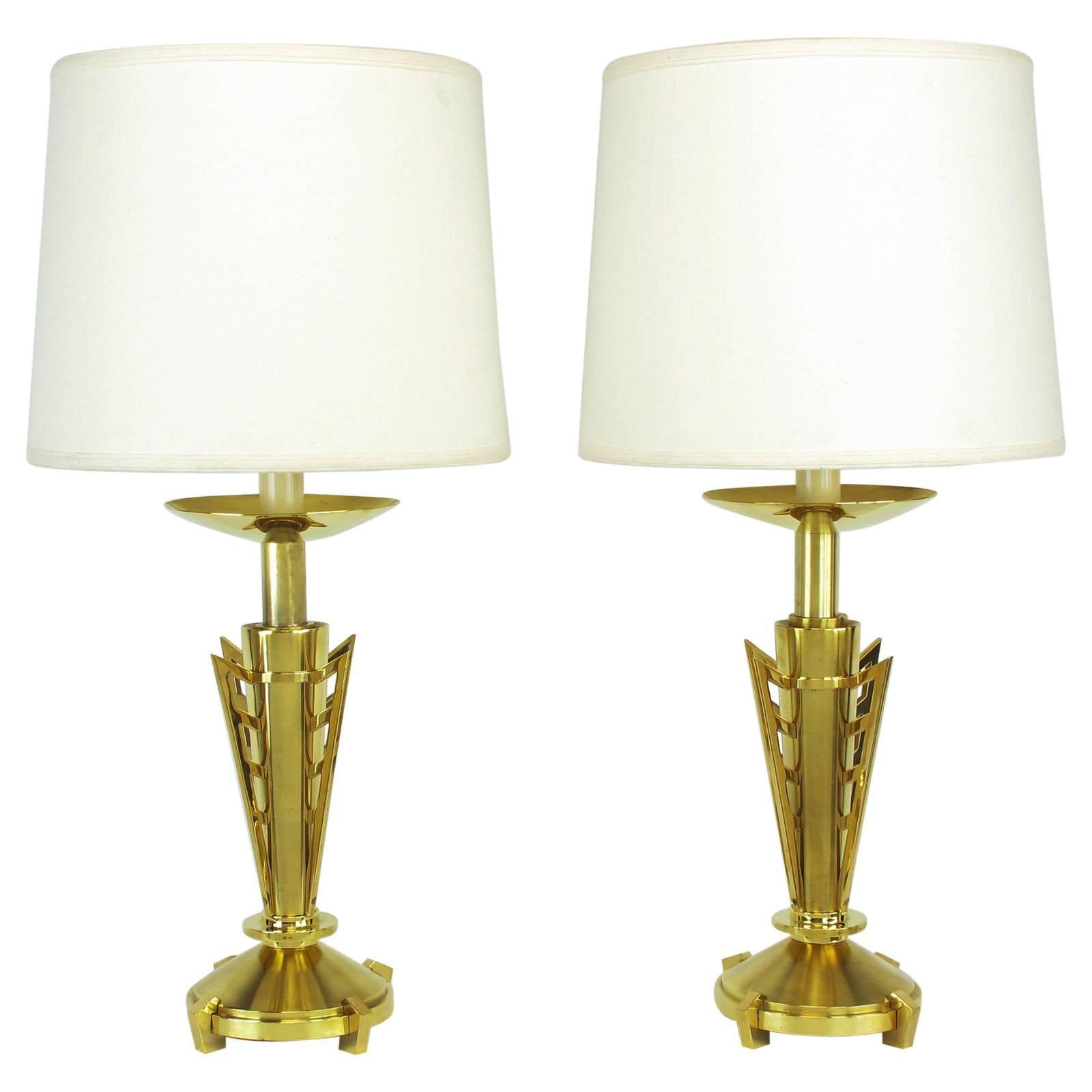 Pair of Custom Art Deco Inspired Brass Table Lamps