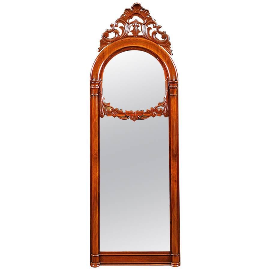 Danish Antique Decorative Arched Mirror in Mahogany w/ a Carved Bonnet and Swag For Sale