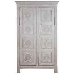 Vintage French Grey Wash Wardrobe, Armoire with Ornamental Carved Doors
