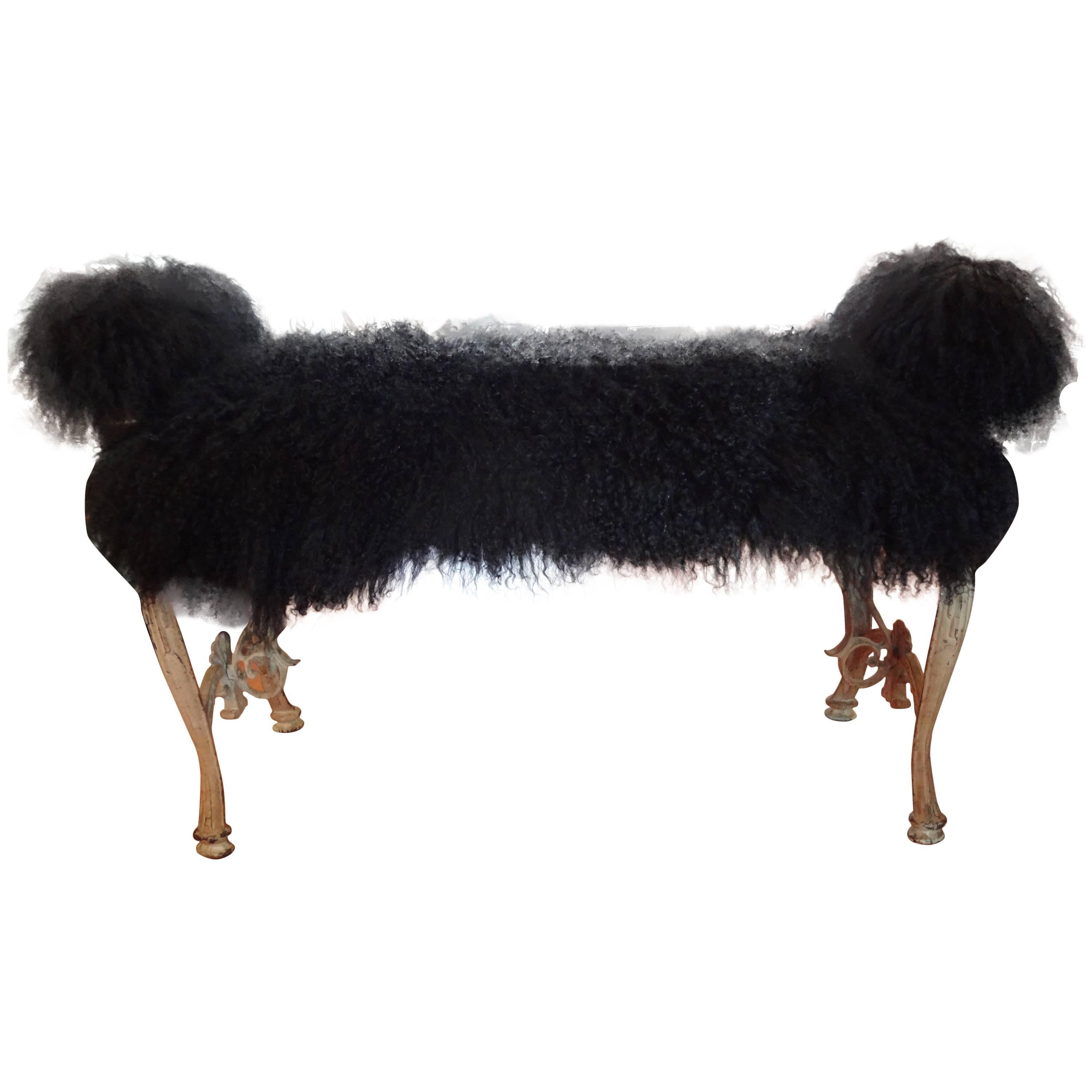 Iron Bench Upholstered in Mongolian Lambs Wool