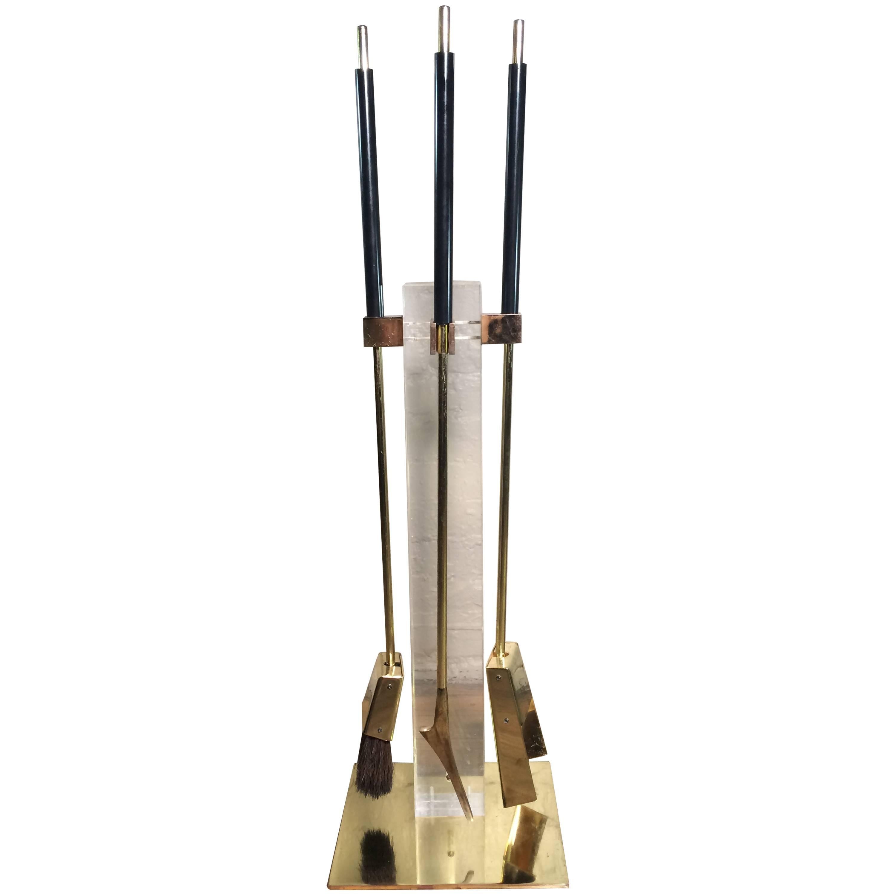 Alessandro Albrizzi Lucite and Brass Fireplace Tools