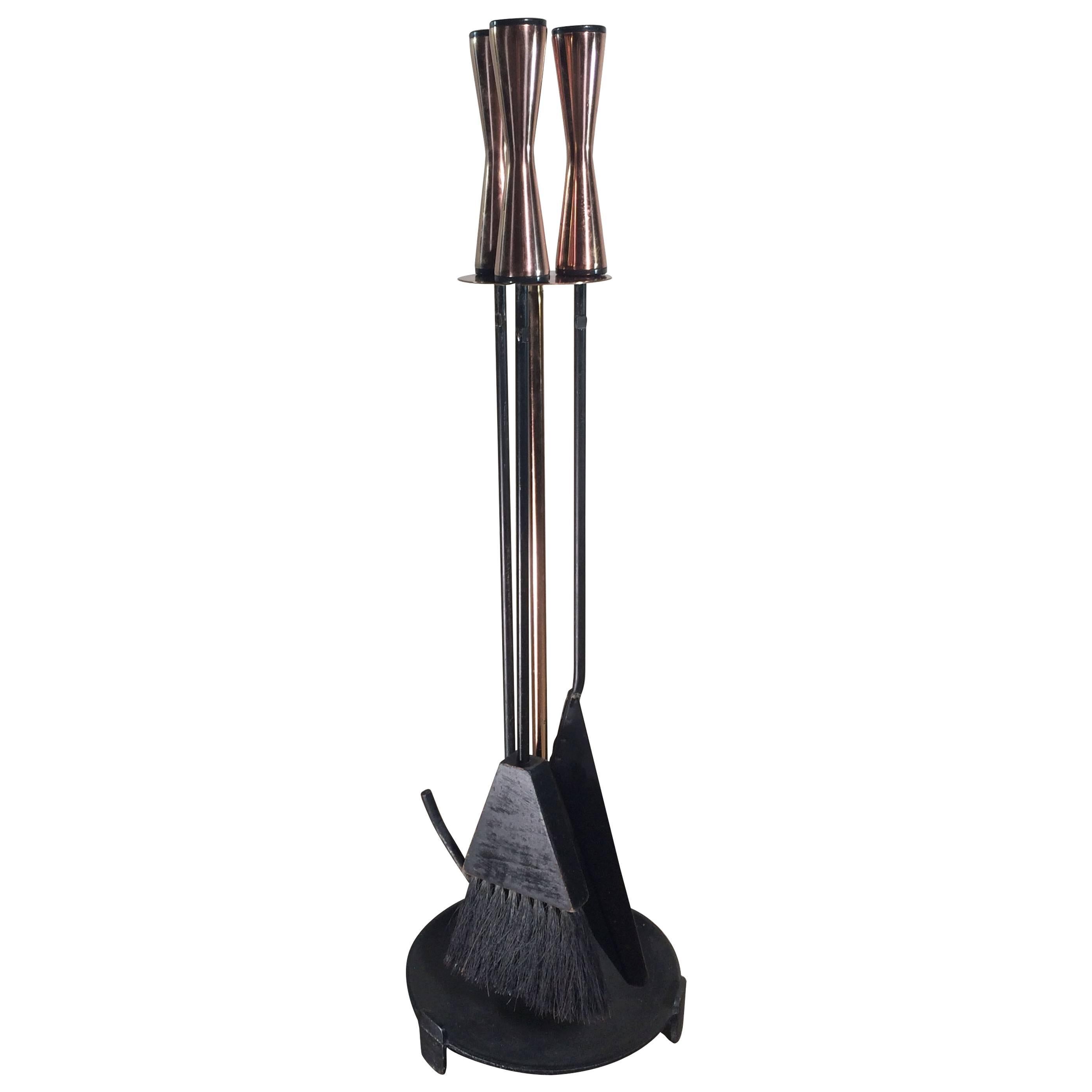 Mid-Century Modern Copper Handle And Wrought Iron Fireplace Tools
