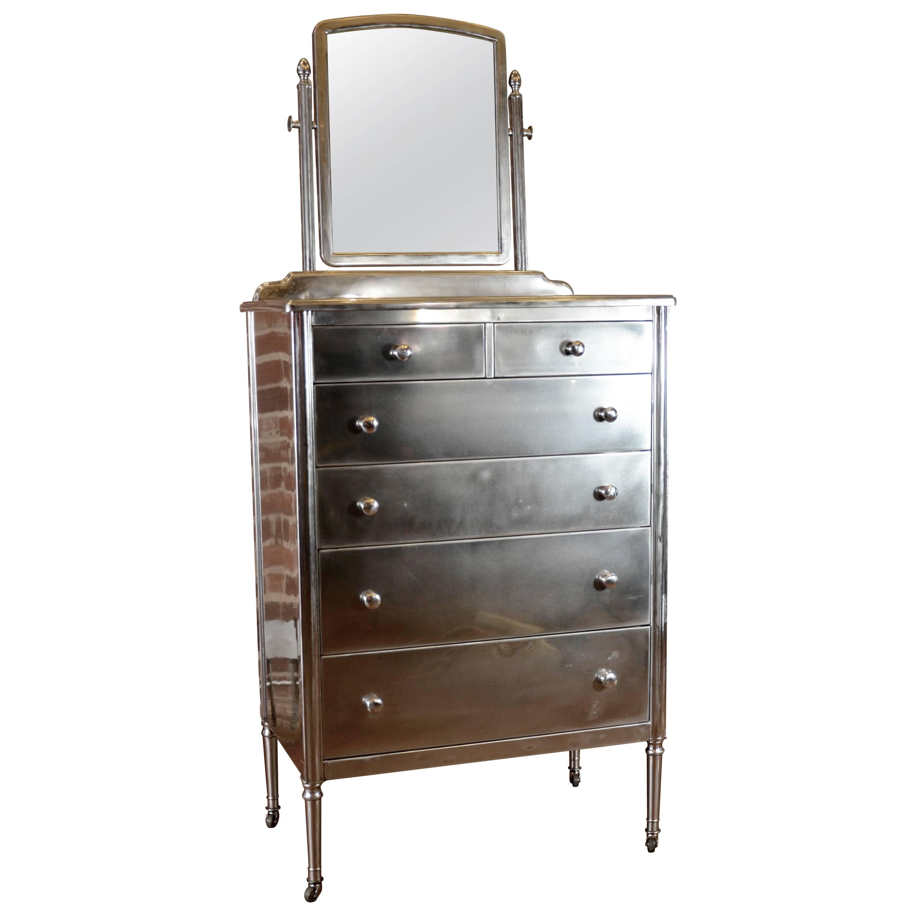 Pair of Polished Steel Highboy Dressers by Simmons For Sale