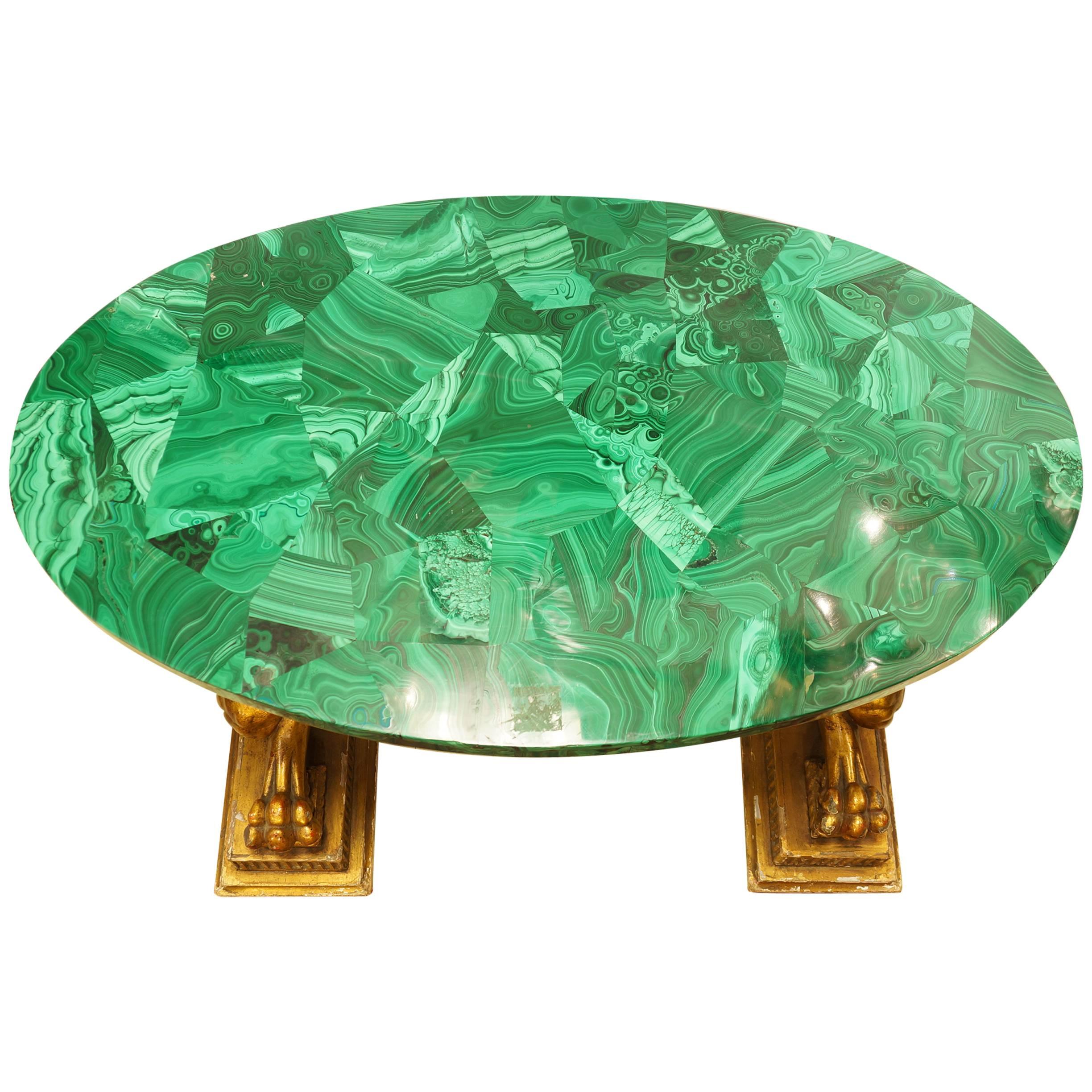 Magnificent Green Malachite Low Coffee Table on a Figural Giltwood Base