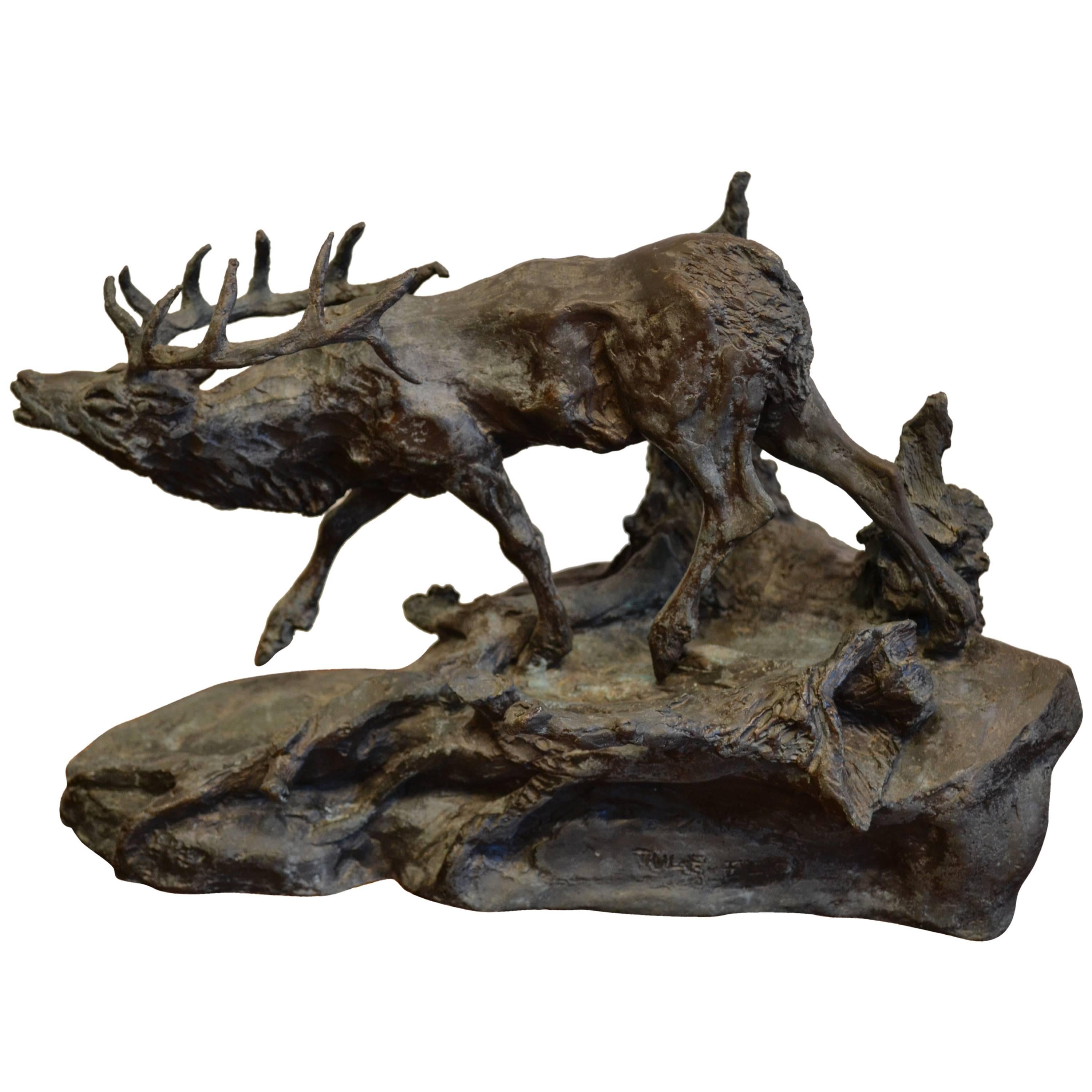 Cast Iron Standing Stag or Deer Sculpture, Signed, 1972
