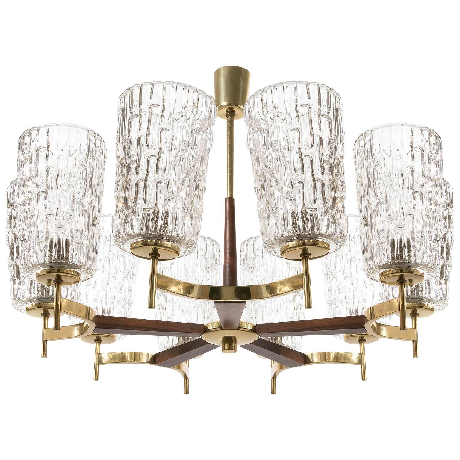 Pair of Large Chandeliers by Rupert Nikoll, Brass Wood and Glass, Austria, 1960