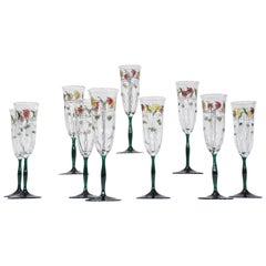  Ten Crystal Arts & Crafts Champagne Flutes with Transparent Enamel Decoration