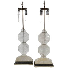 Pair of French Art Deco Style Carved Rock Crystal and Platinum Lamps