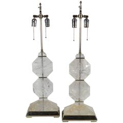 Fine Pair of French Art Deco Style Carved Rock Crystal and Platinum Lamps 9