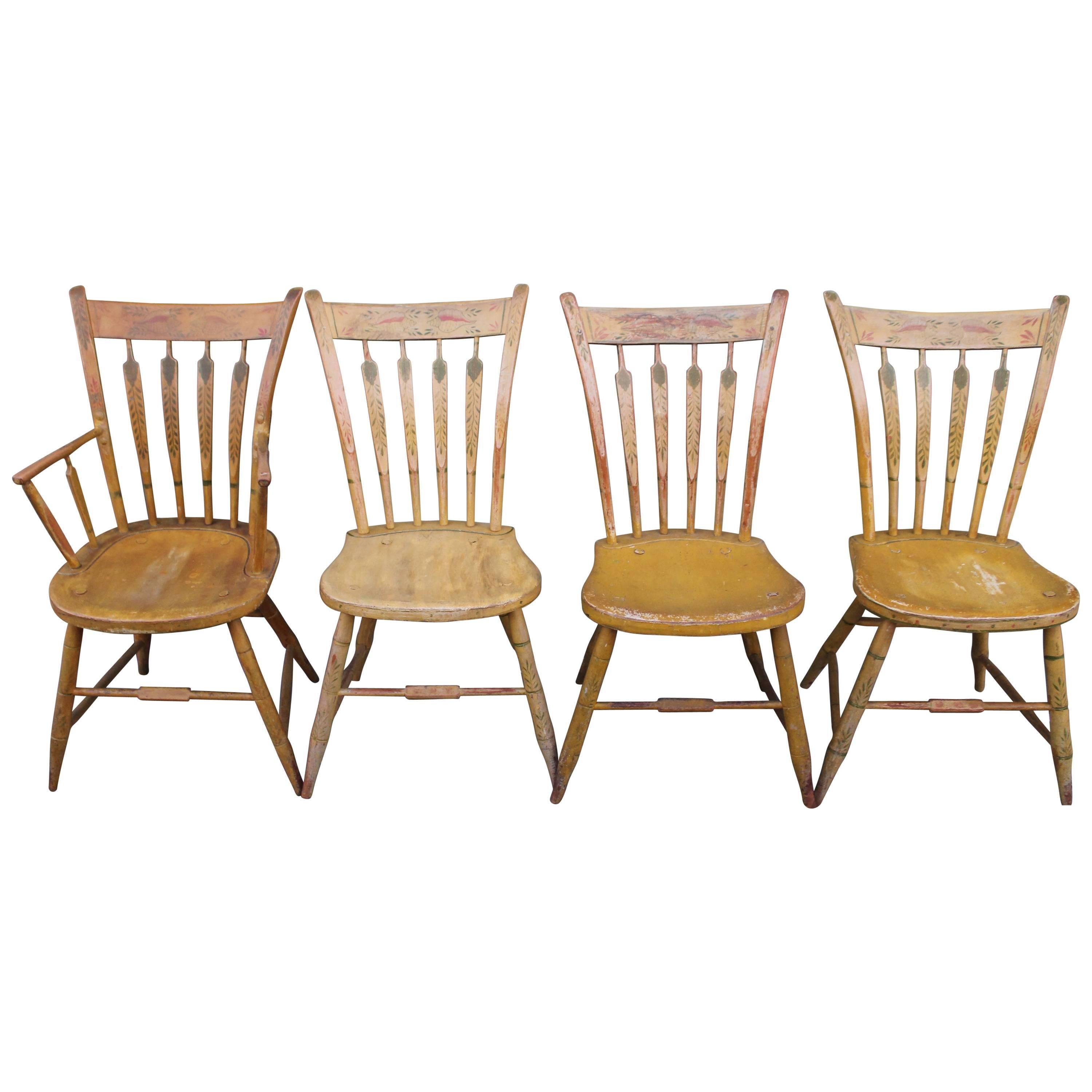  Set of Four 19th Century Mustard Original Painted Arrow Back Chairs