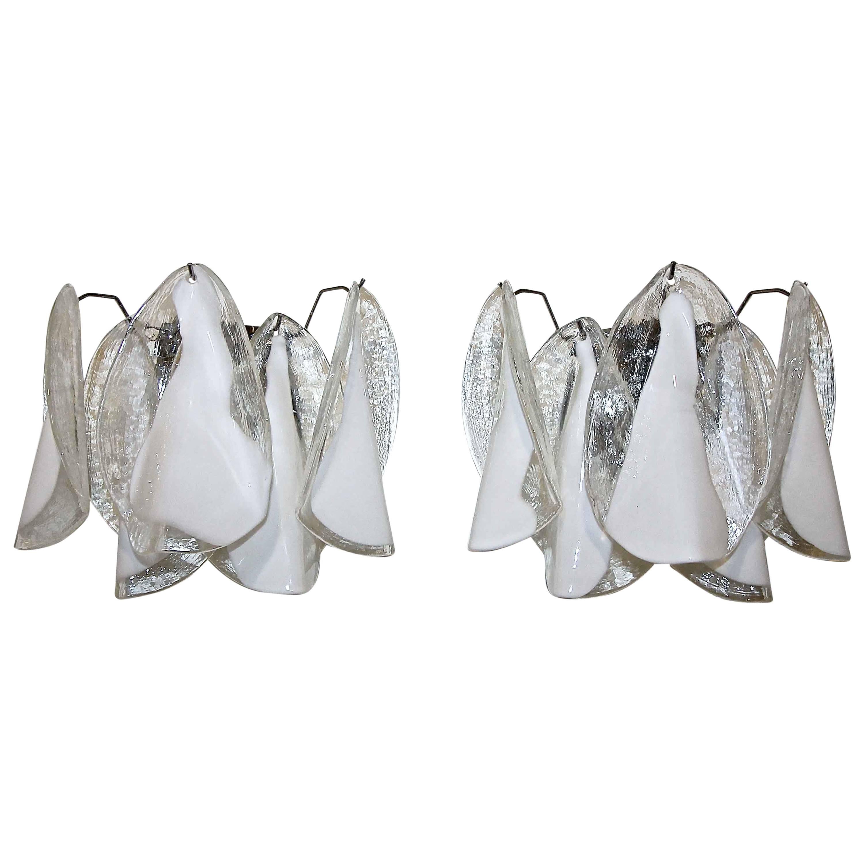 Pair of Murano Mazzega White Petal Shape Glass Sconces