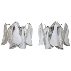 Pair of Murano Mazzega White Petal Shape Glass Sconces