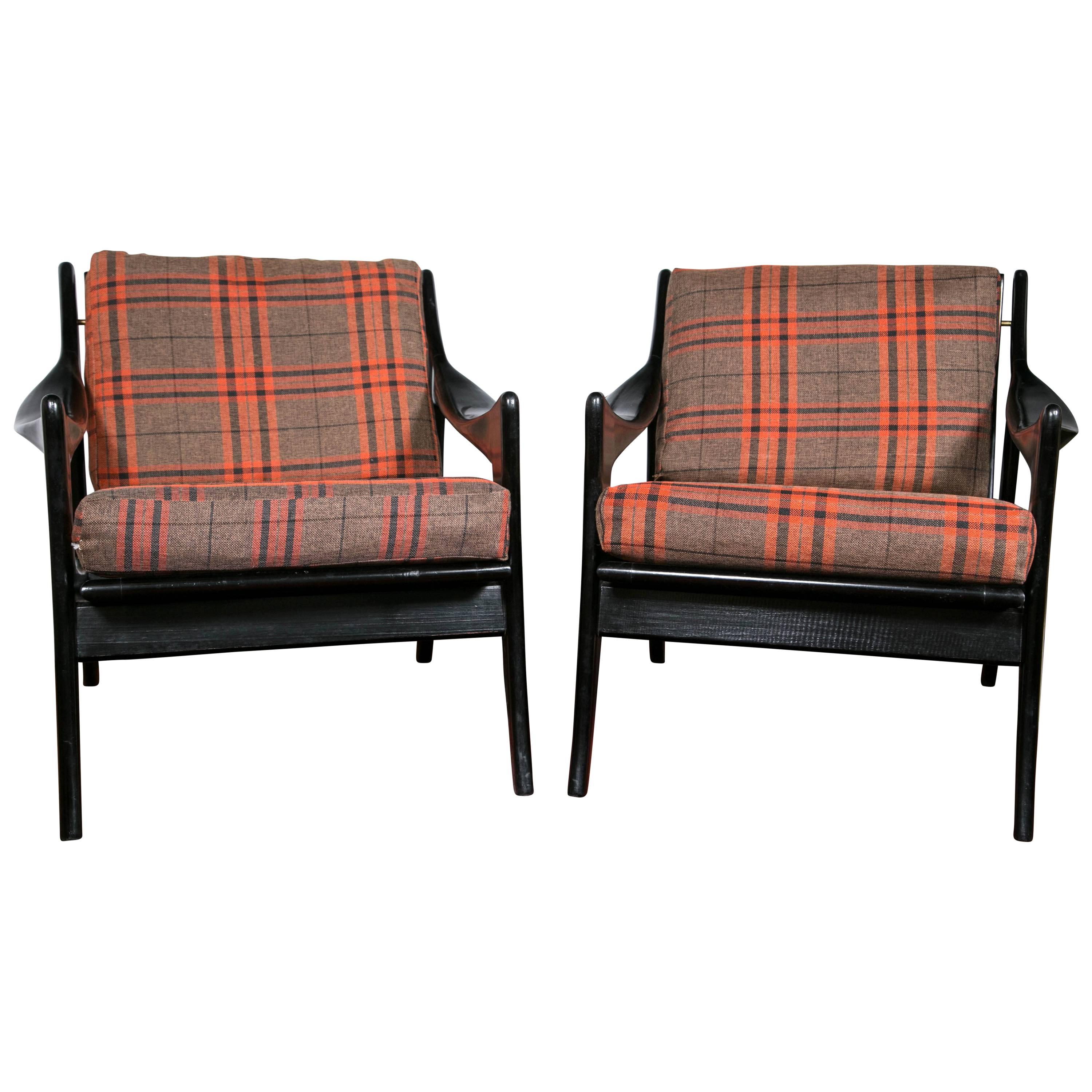 Pair of Danish Mid-Century Modern Ebonized Flannel Upholstered Modern Armchairs