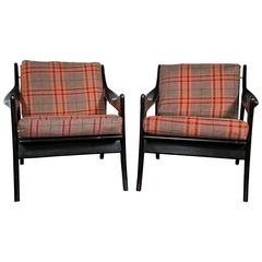 Pair of Danish Mid-Century Modern Ebonized Flannel Upholstered Modern Armchairs 2