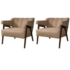 Pair of Mid-Century Modern Burlap Upholstery Arm Chairs