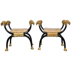 Pair of Ram's Head Ebonized and Gilt Gold "X" Benches