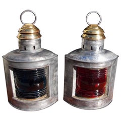 Antique Pair of American Polished Steel and Brass Nautical Ship Lanterns. Circa 1880