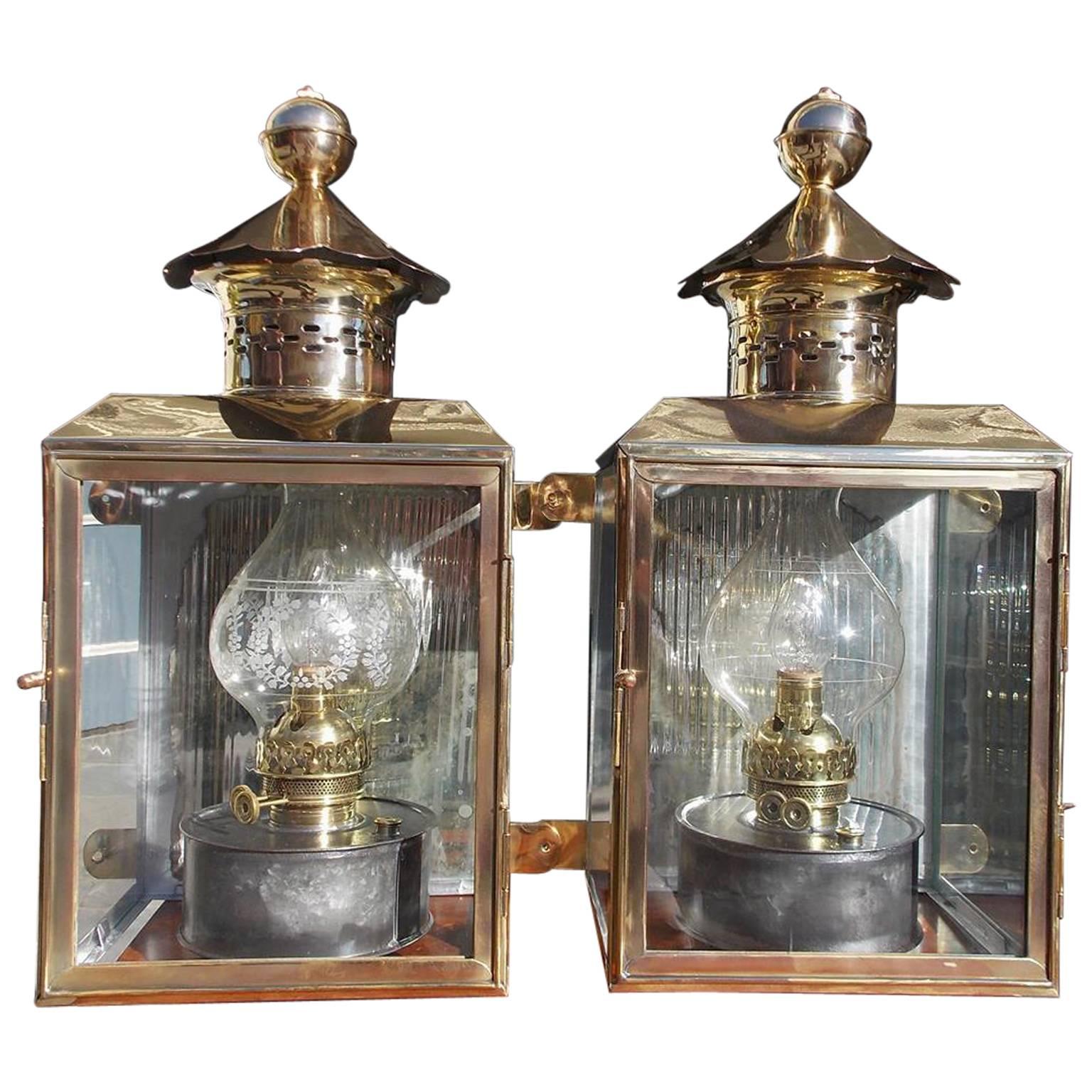 Pair of American Brass and Polished Steel Wall Lanterns, Circa 1880