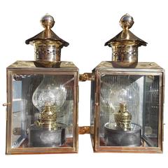 Antique Pair of American Brass and Polished Steel Wall Lanterns, Circa 1880