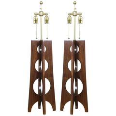 Pair of Studio Made Walnut Lamps with Circle Details 3
