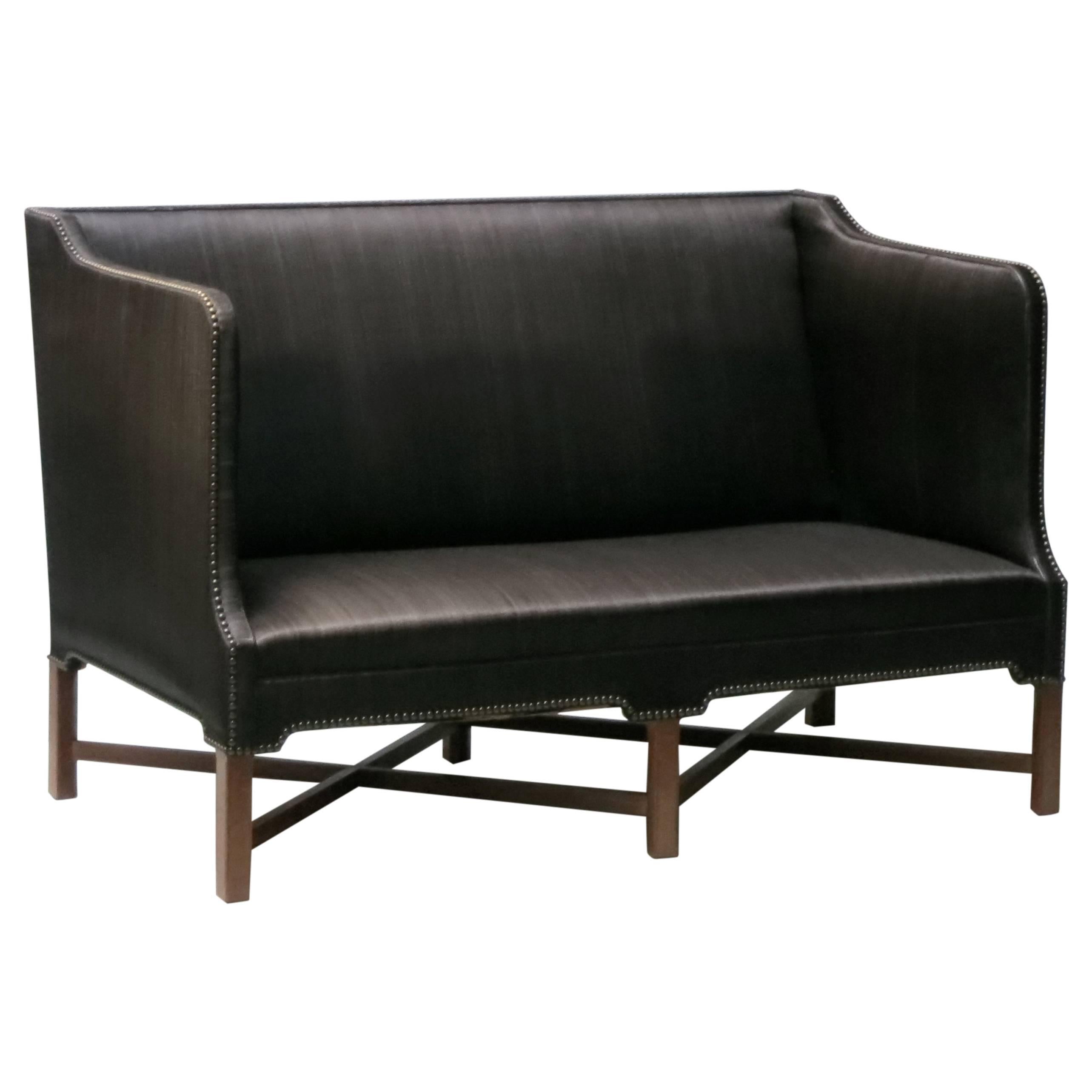 Sofa in Original Black Horsehair with Leather Welts by Kaare Klint
