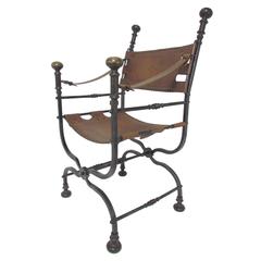 Italian Campaign Chair in Leather, Bronze and Iron, circa 1950s