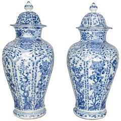 Antique Large Pair of Chinese Kangxi Period Blue and White Vases and Covers