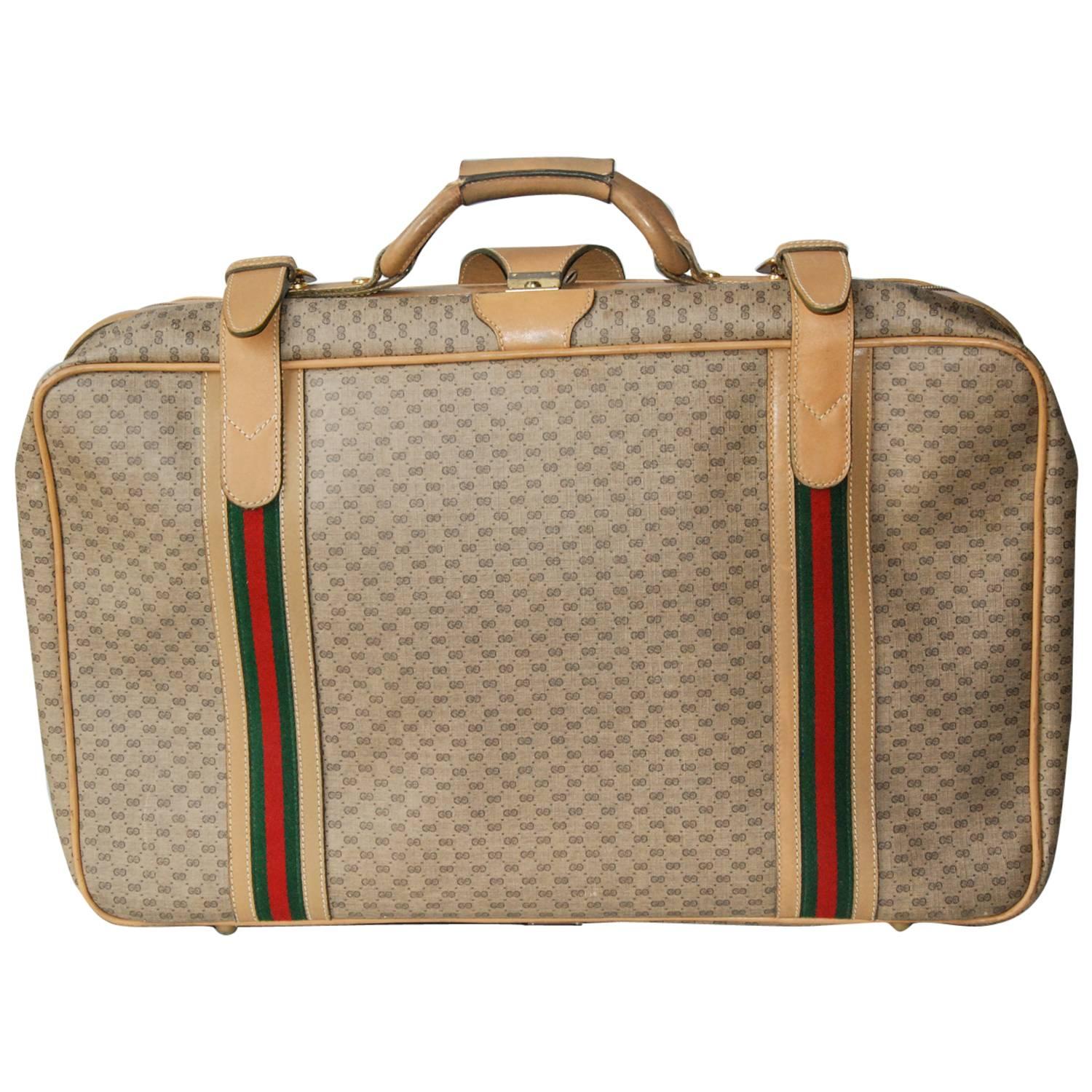 Gucci Leather and Fabric Logo Suitcase with Brass Insignia, Italy, circa 1970 For Sale