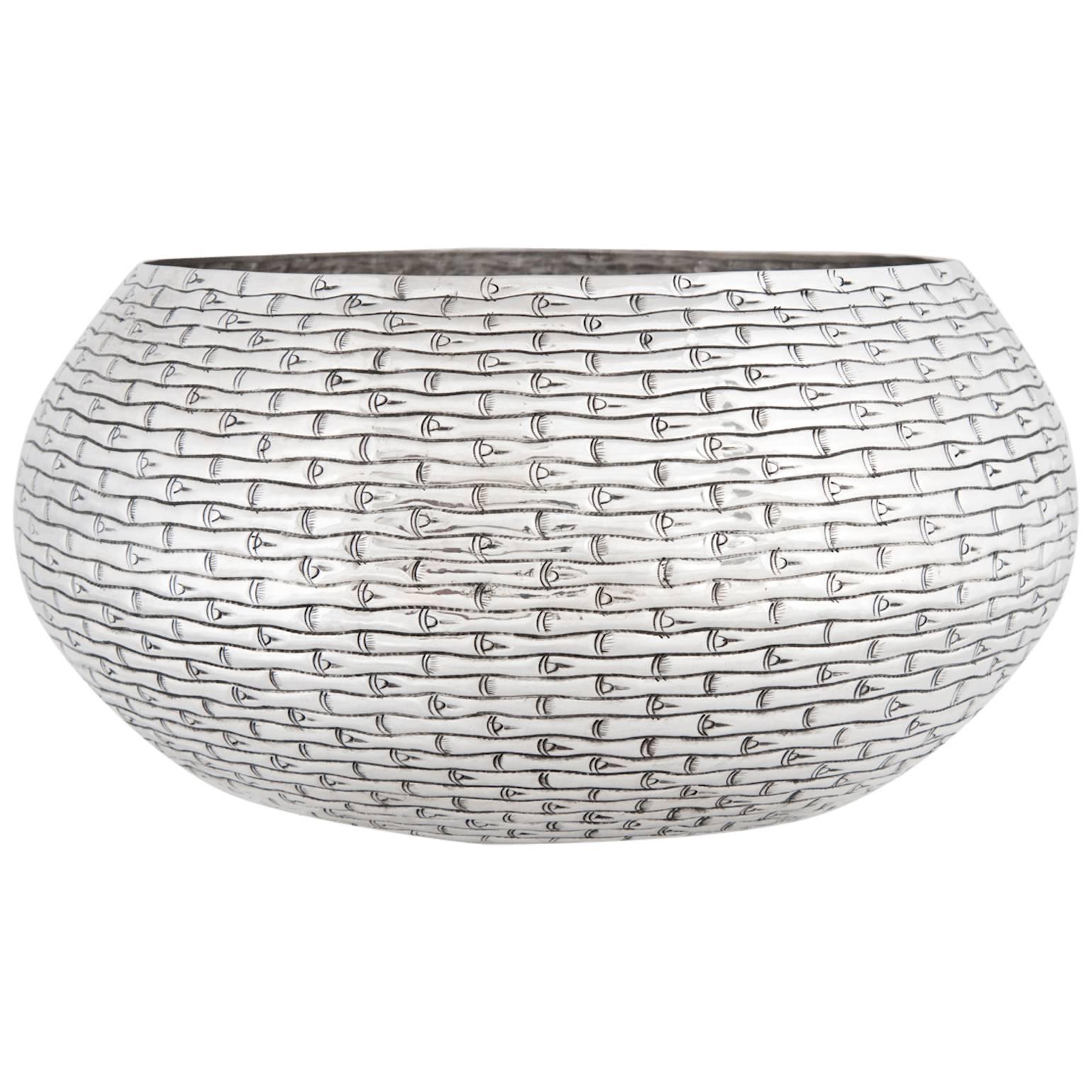 Hand-Worked Solid Silver Bowl, Bamboo Motif, Centerpiece