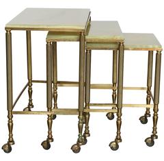 Vintage Clasically Elegant Set of Three Maison Jansen Onyx and Brass Nesting Tables