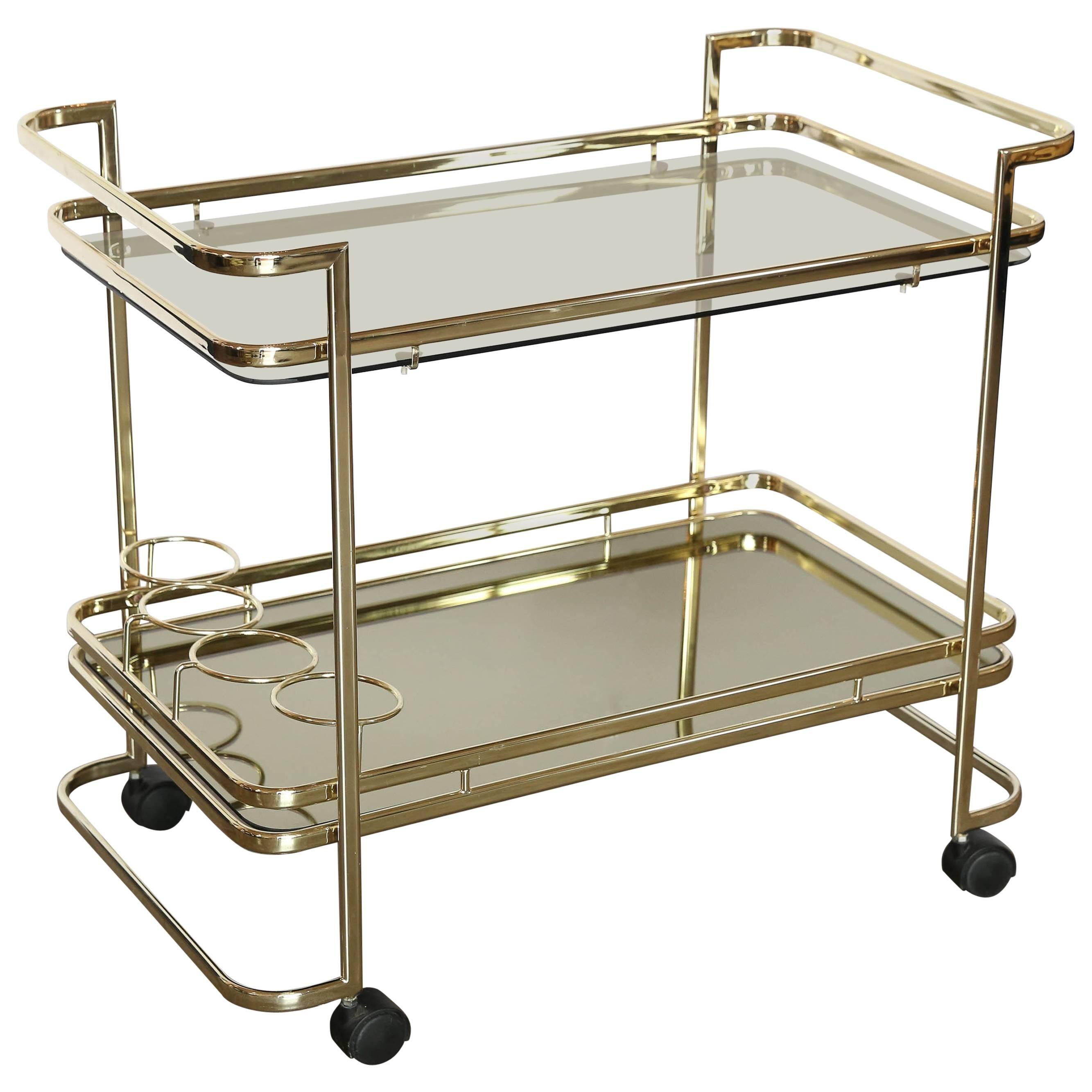 Gold Metal, Glass and Mirror Two-Tier Bar, Tea Cart or Serving Cart