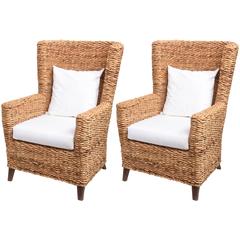 Pair of Large Woven Banana Leaf Wing Chairs