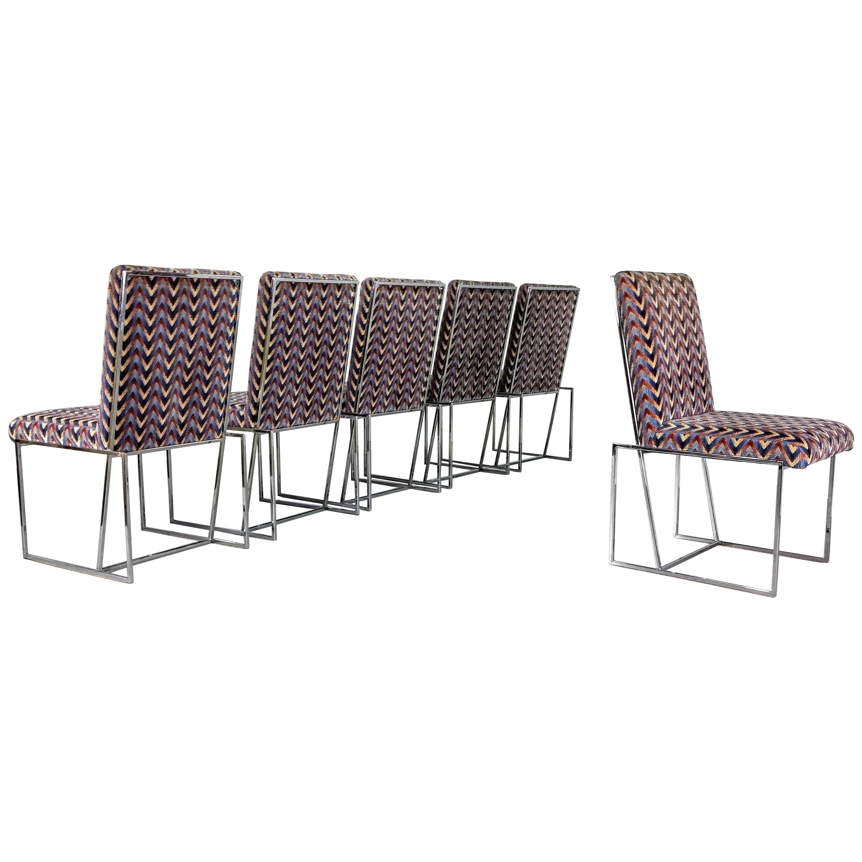 Rare Architectural Chrome Dining Chairs in the Style of Milo Baughman, 1970s