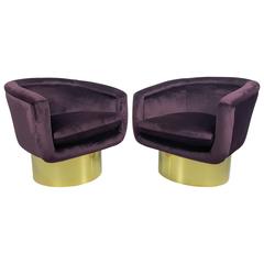 Luscious Swivel Lounge Chairs in Aubergine Velvet with Polished Bronze Bases