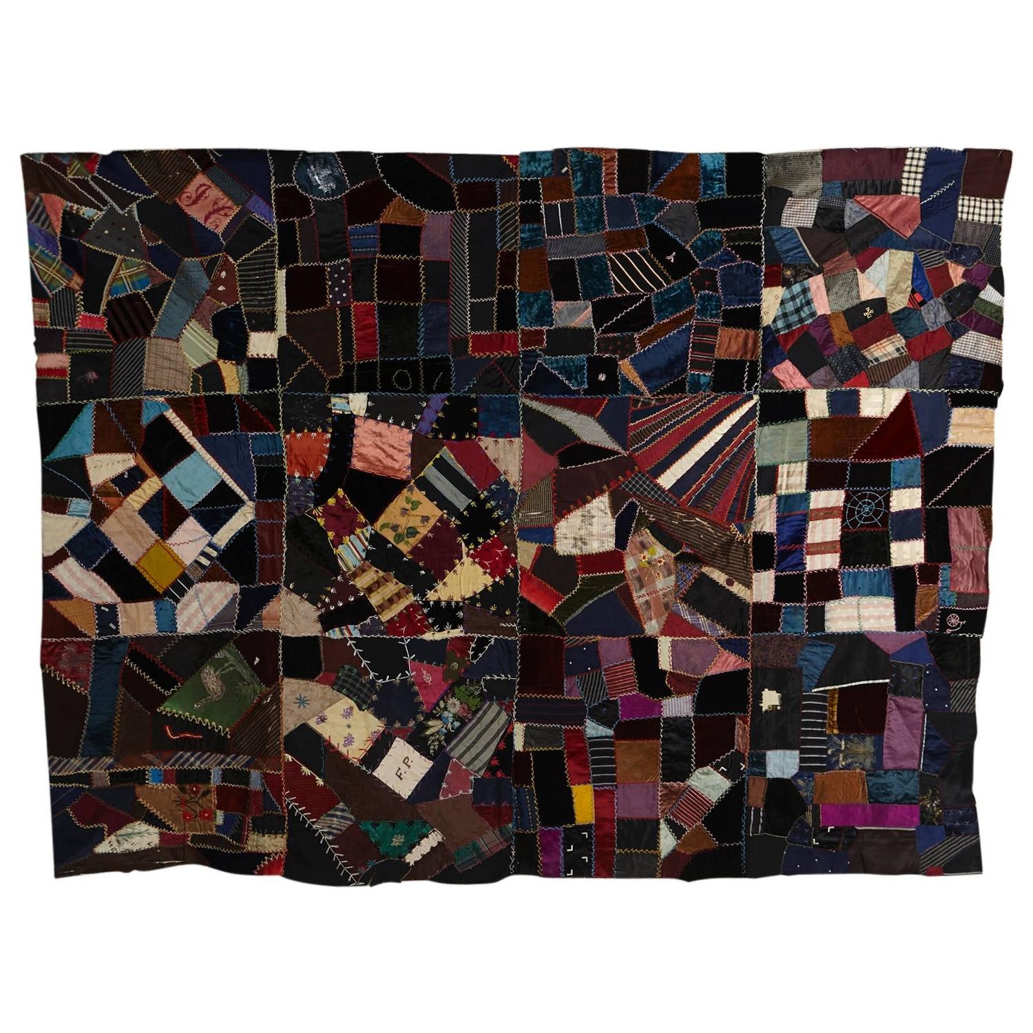Antique Crazy Quilt Pieced Quilt Top For Sale at 1stdibs