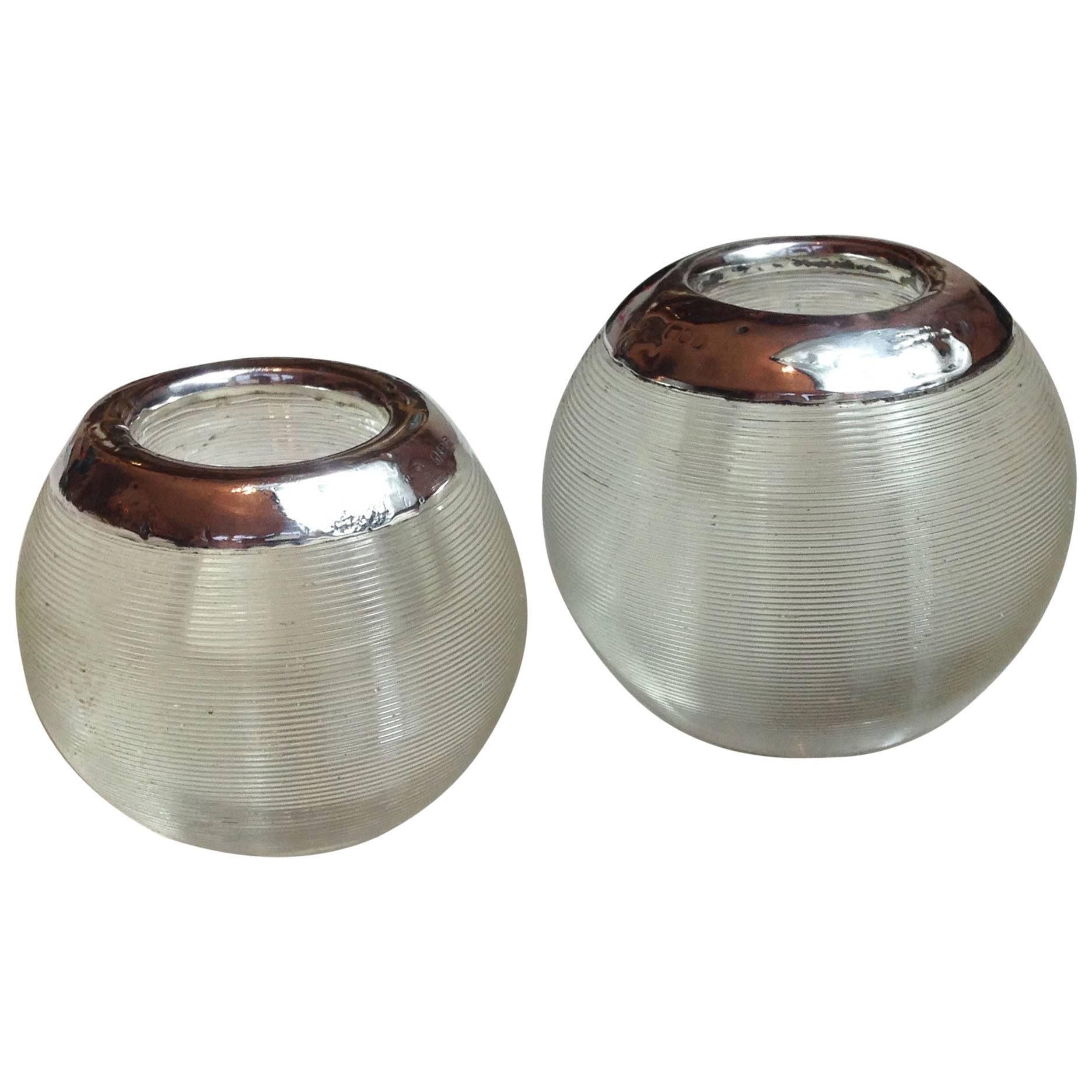 Two Edwardian Threaded Glass Match Strikers with Silver Collars For Sale