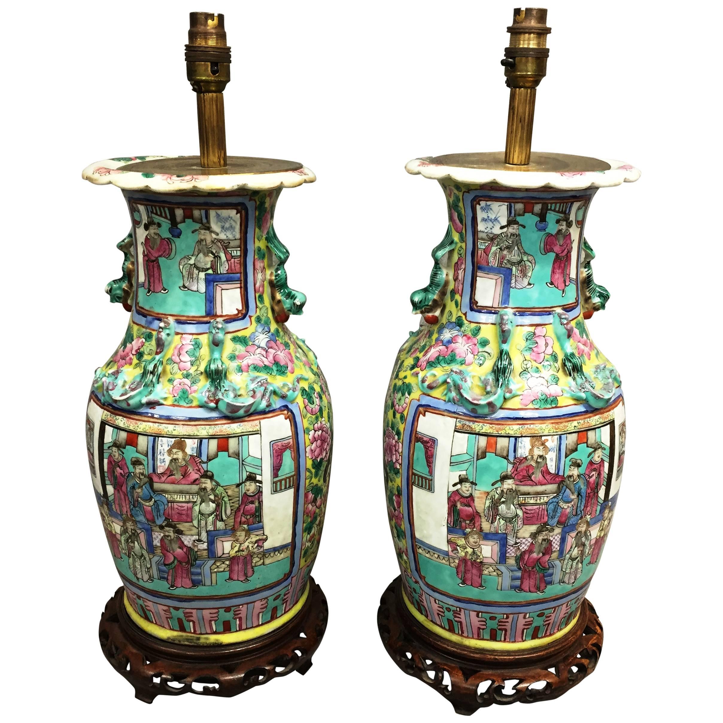 Pair of Rose Medallion Vases Turned Lamps For Sale