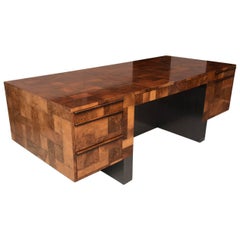 American Modern Burled Walnut and Pewter Cityscape Desk, Paul Evans
