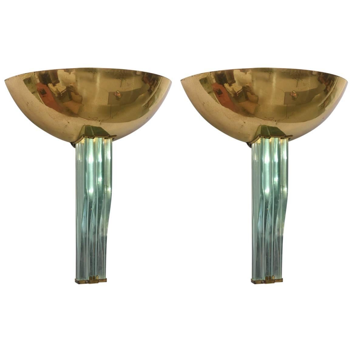 Pair of Italian Modern Brass and Glass Wall Lights, Pietro Chiesa/Fontana Arte For Sale
