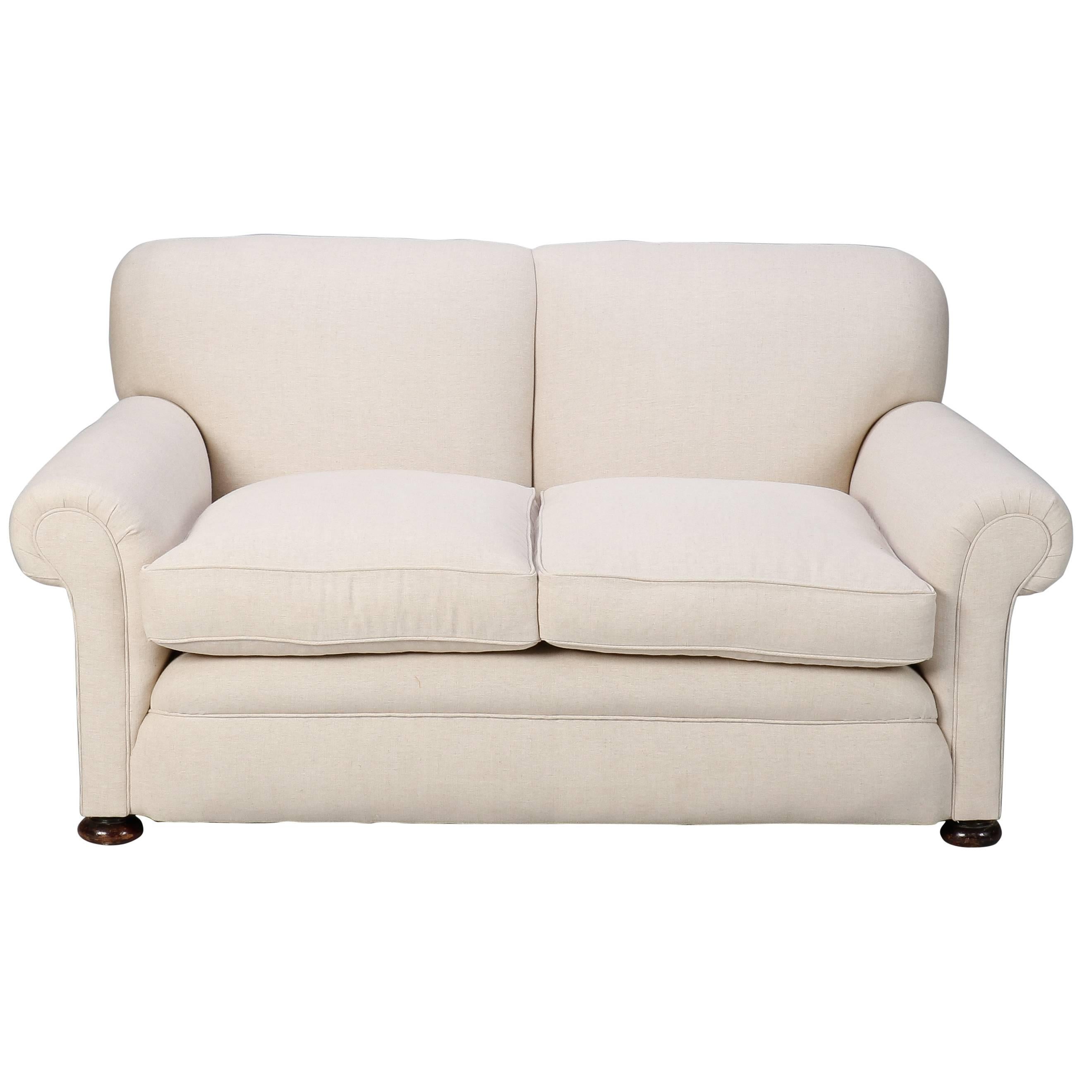 Small English Club Sofa in Belgian Linen