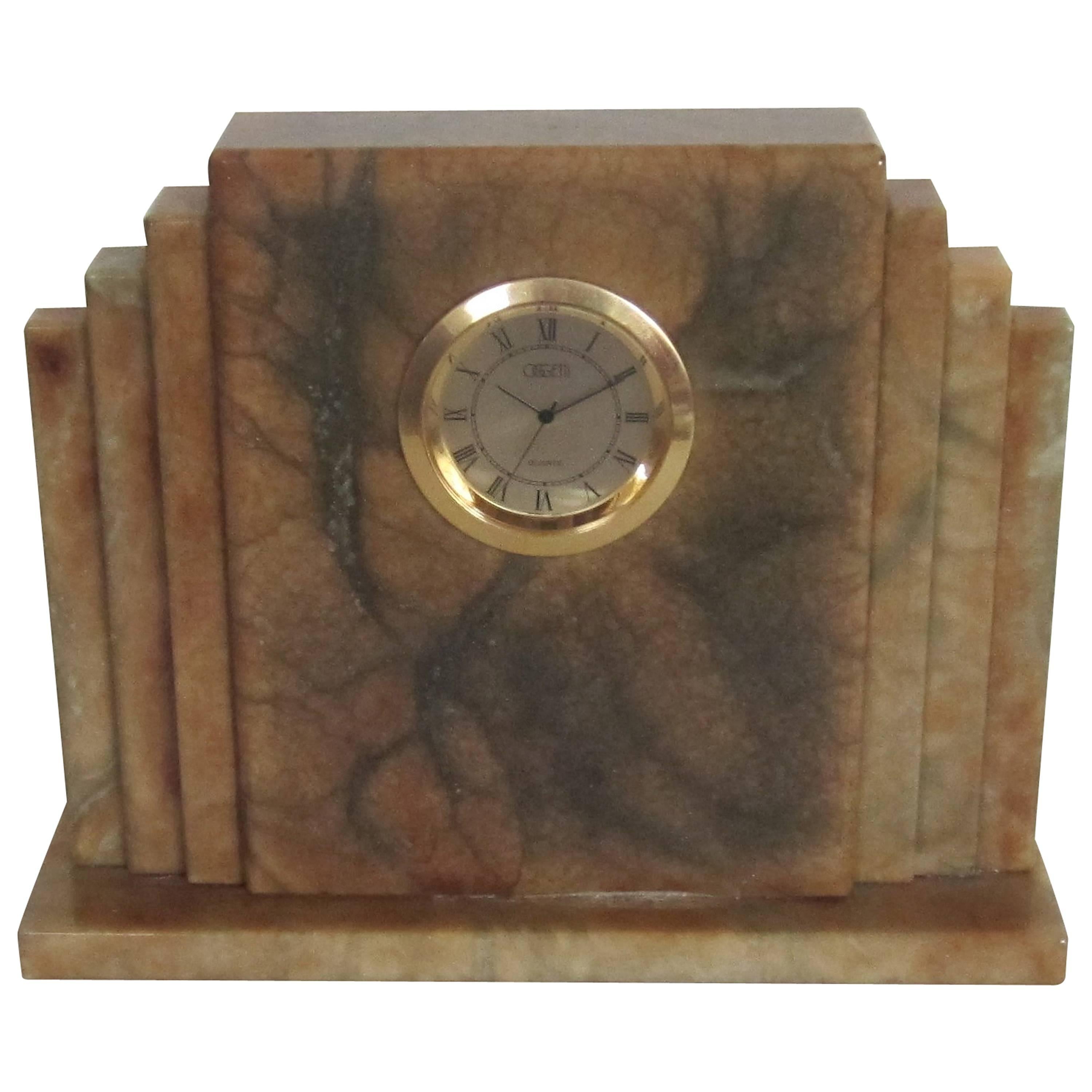 Italian Alabaster Marble Art Deco Modern Mantel Clock by Oggetti For Sale 8