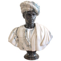 Carved Grey Veined and Black Marble Bust with Mantle and Turban