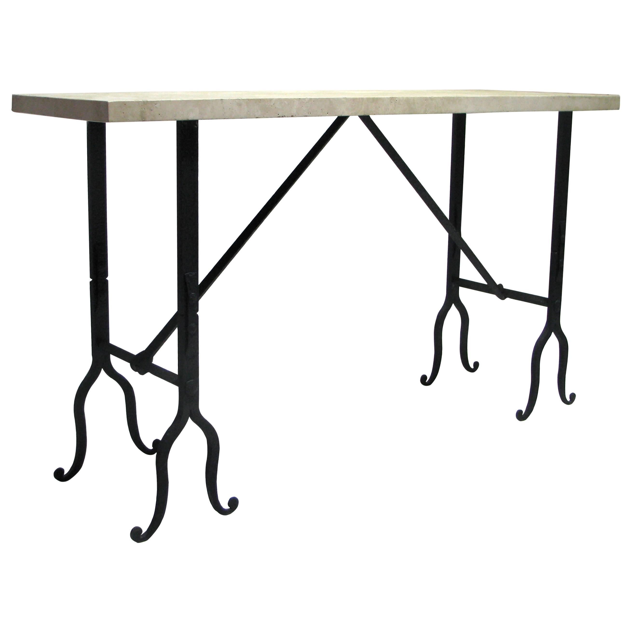 Travertine and Wrought Iron Console