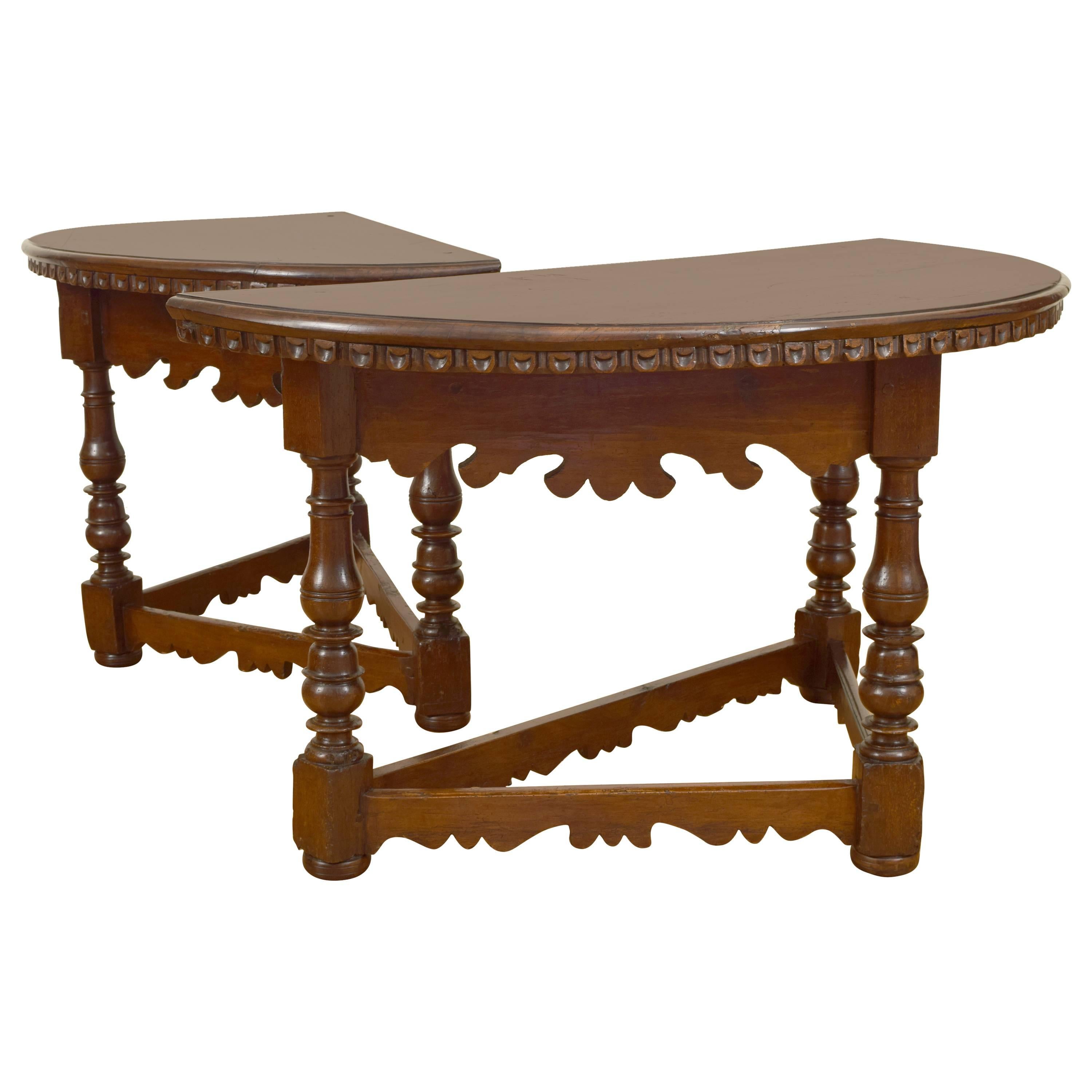 Pair of Italian Baroque Walnut Demilune Console Tables, 18th Century and Later