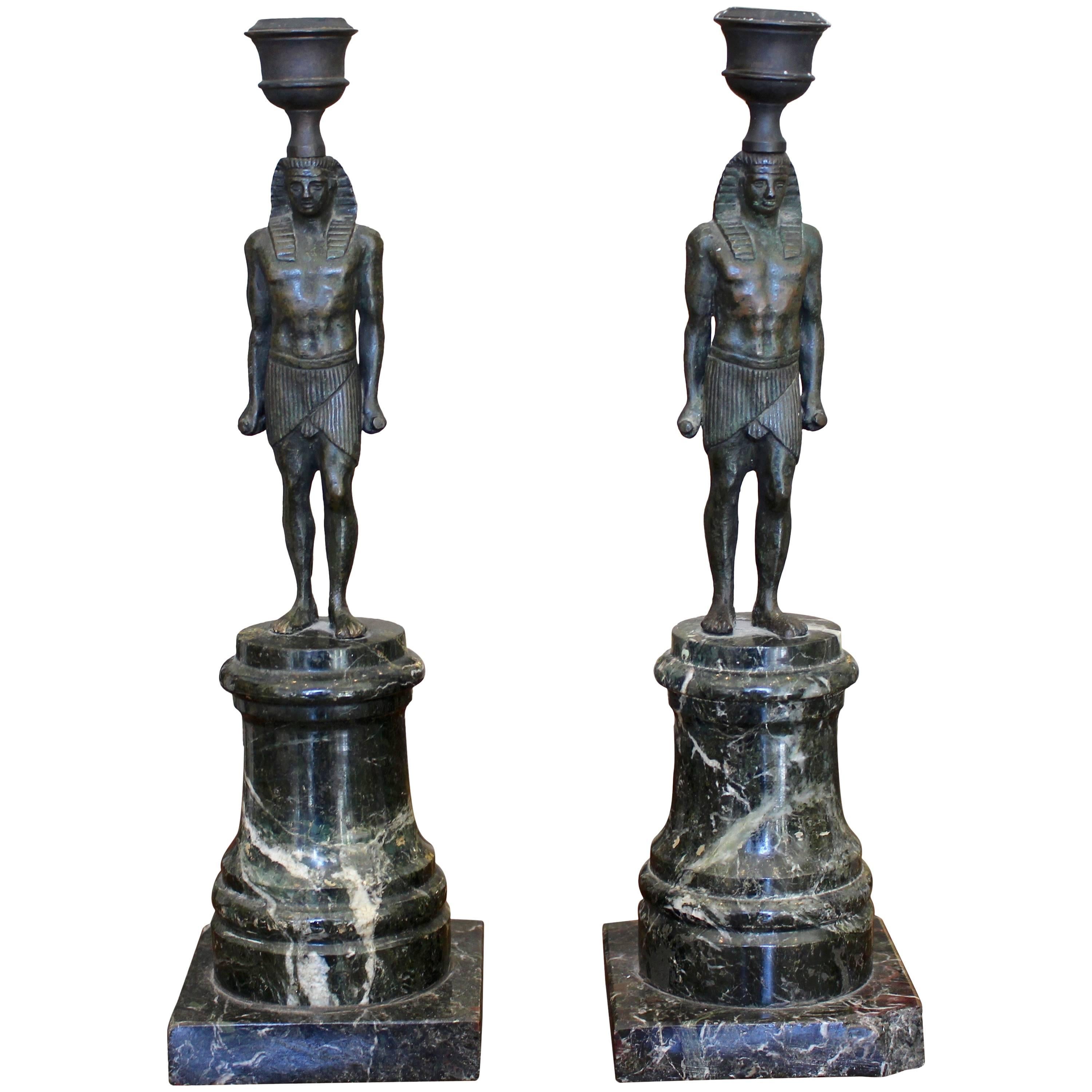 Pair of 19th Century Green Marble Egyptian Style Candlesticks with God Figure For Sale