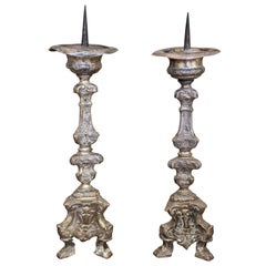 Mid-17th Century Pair of Baroque Period Silvered Brass Pricket Candlesticks