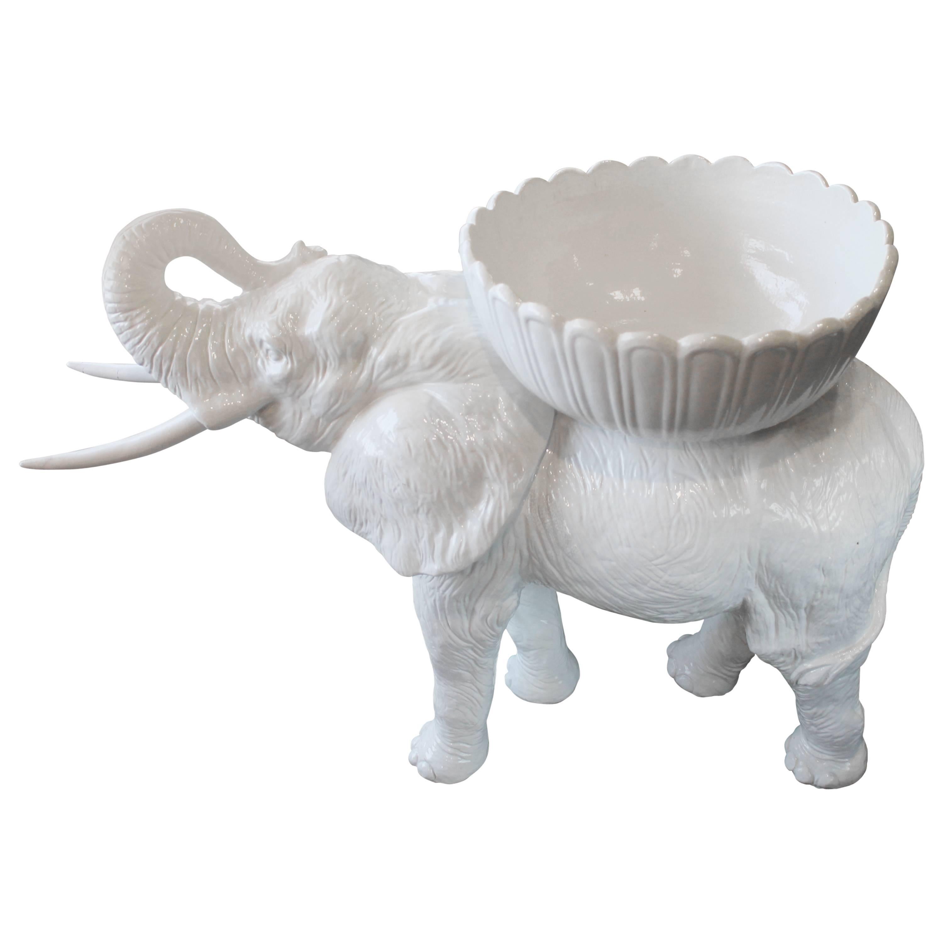 White Ceramic Life Size Baby Elephant Vintage Italian Garden Planter